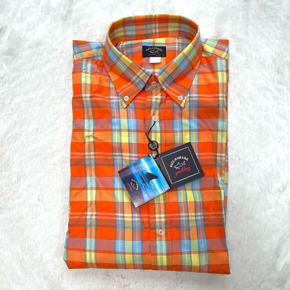 NWT Paul & Shark Yachting Button Down Dress Shirt Orange Plaid Men’s size XL - Picture 1 of 11